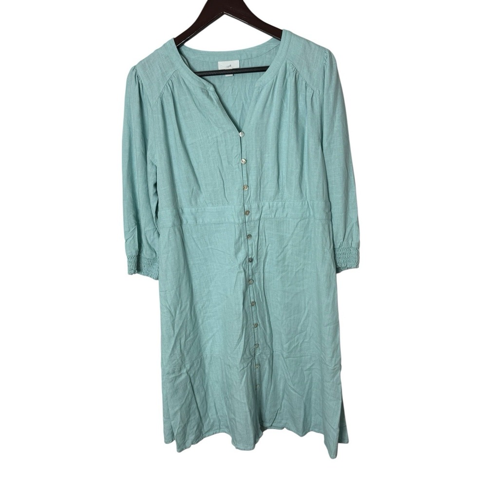 J.Jill Courtyard Dress M aqua Pink Button Front Linen Blend‎ Cottagecore